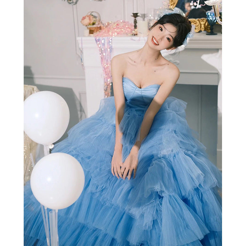 2025Temperament tube top light wedding dress  theme wedding dress blue birthday party photo interior photography clothing color yarn