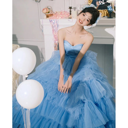 2025Temperament tube top light wedding dress  theme wedding dress blue birthday party photo interior photography clothing color yarn