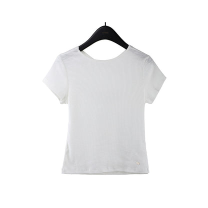 2025  kink backless design short-sleeved T-shirt women's 2025 summer Korean simple solid color top 015AX