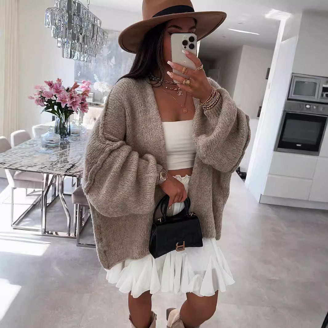 maoxiangshop 2000s fashion 2024 Autumn and Winter New Casual Loose Solid Color Mid-Length Knitted Sweater Cardigan Coat for Women