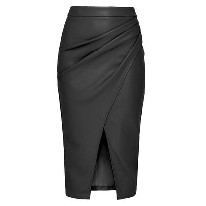 maoxiangshop-shop fall fashion outfits Women's Pu Split Skirt Autumn and Winter High Waist Zipper Pleated Leather Skirt Sexy Hip Skirt