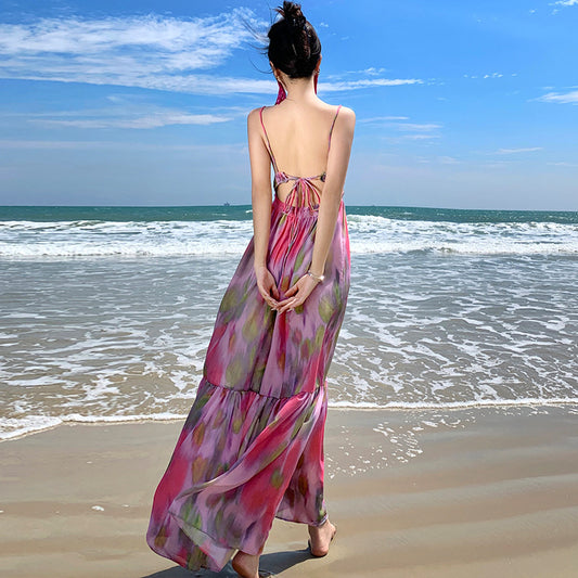 Sexy hottie deep V halter strap temperament long dress summer  seaside vacation style print suspender dress