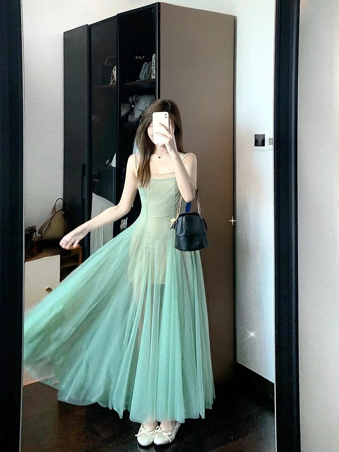 Two-piece art raw green slim-fit suspender dress women's high-end waist fairy banquet dress long dress