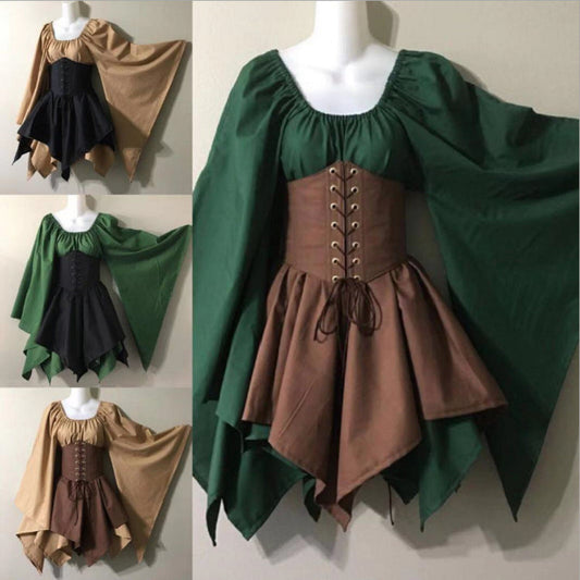 maoxiangshop group halloween costumes New Party Women's Long Sleeve Renaissance Medieval Bell Sleeve Dress