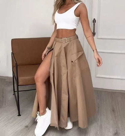 maoxiangshop set 2024 Women's Elegant Sleeveless Vest Solid Color Slit Belt Skirt Two-Piece Set