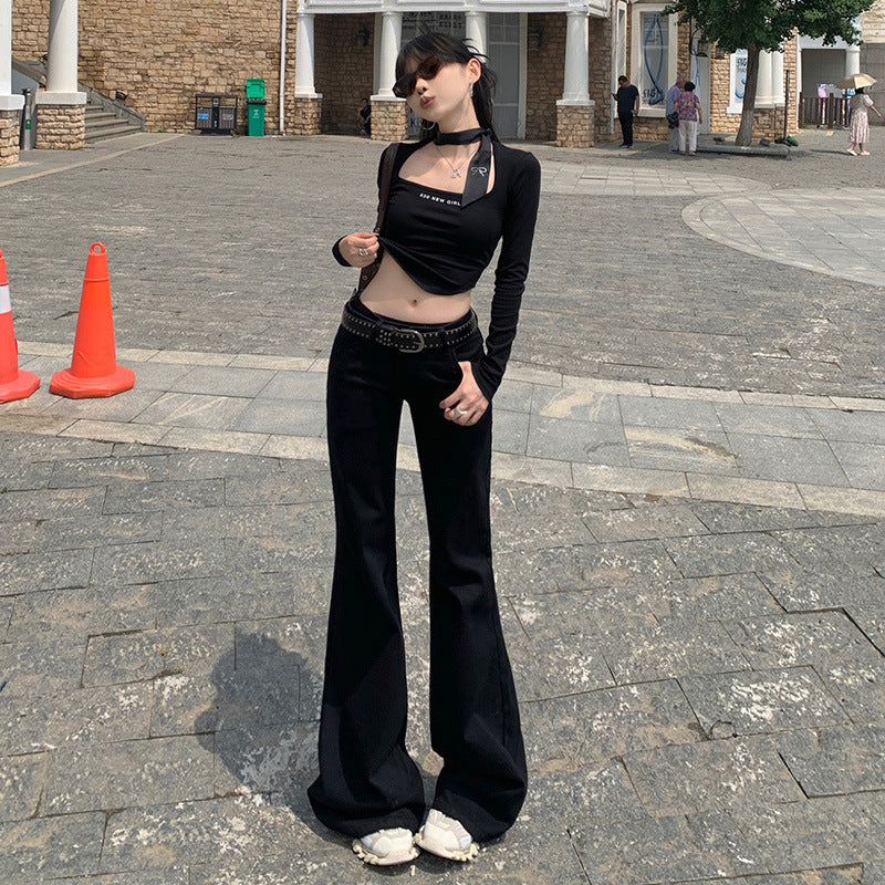 maoxiangshop 90s fashion American-Style Black Thin Velvet Skinny Jeans for Women 2024 Autumn and Winter New Low Waist Wide Leg Slimming Versatile Flared Pants