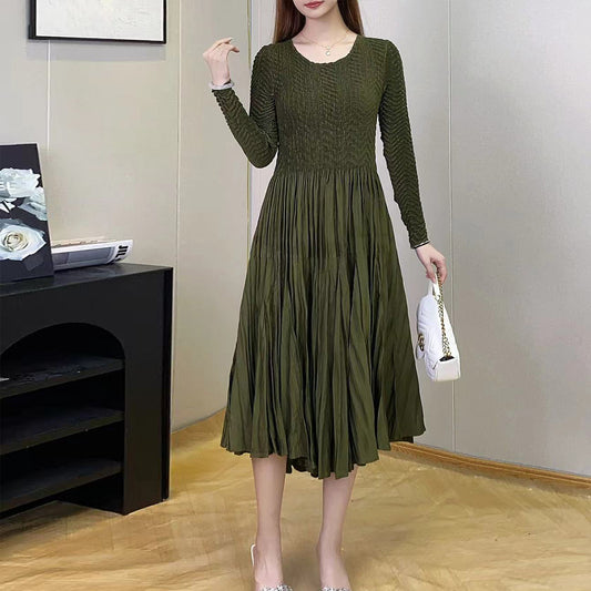 dress long-sleeved women's high-end sense small temperament elegant commuting versatile medium and long A-word skirt Popular style