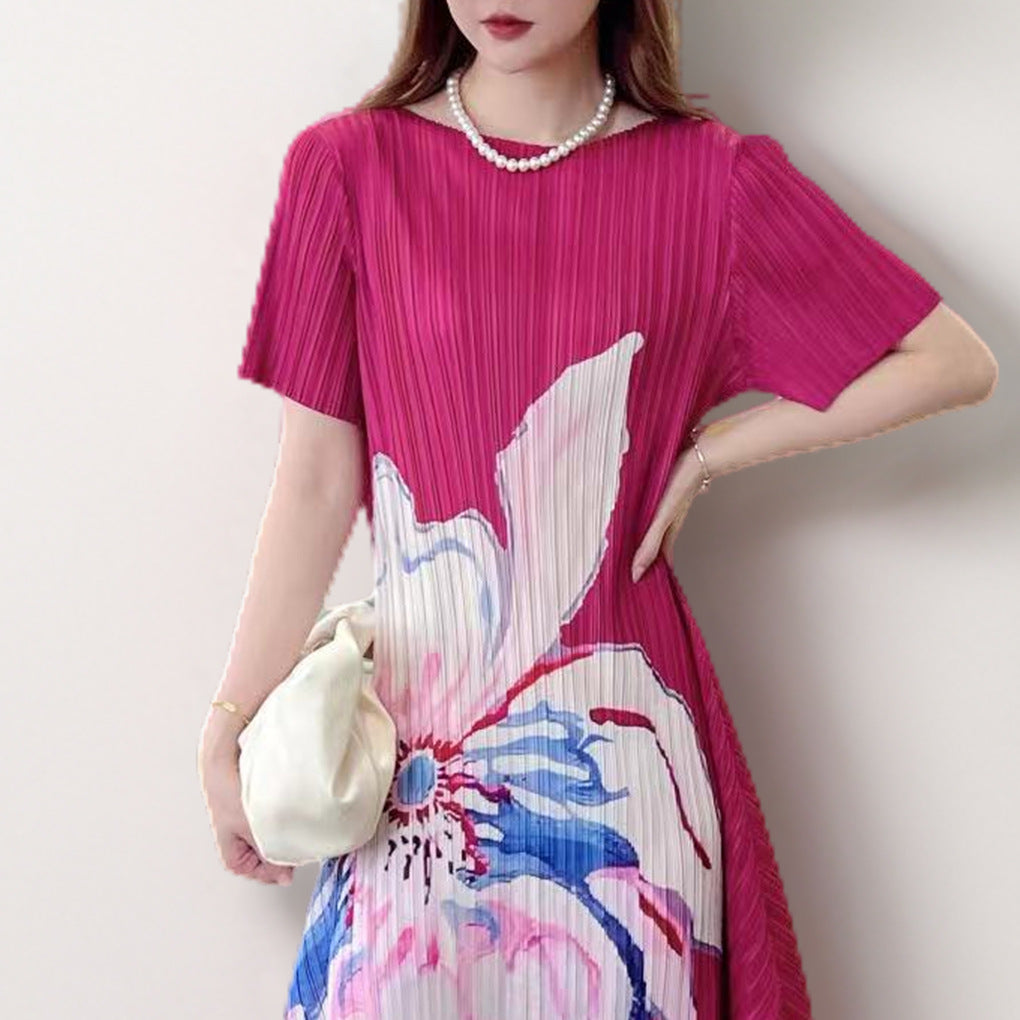 High-end dress large size female fat mm middle-aged mother dress printed loose short-sleeved a-word skirt thin pleated skirt