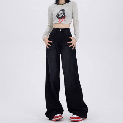 concert outfit Blue and Gray Wide-Leg Jeans for Women Spring and Autumn  New High Waist Straight Loose Mop Pants American Retro