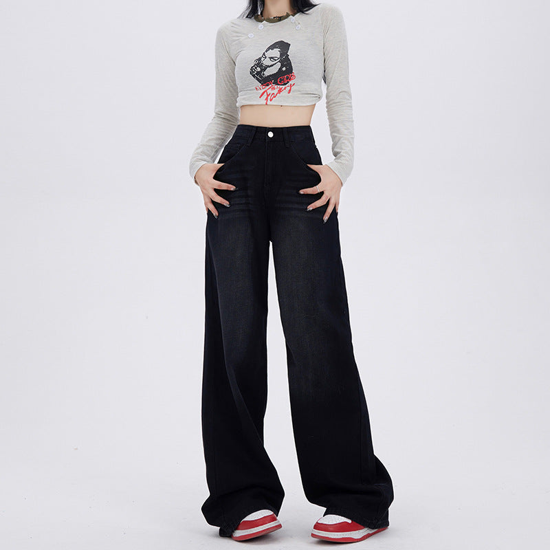 concert outfit Blue and Gray Wide-Leg Jeans for Women Spring and Autumn  New High Waist Straight Loose Mop Pants American Retro