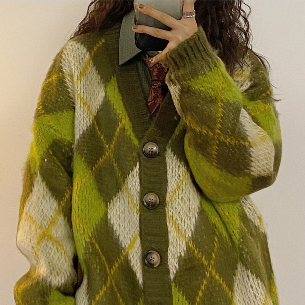 maoxiangshop-shop non binary outfits American Retro New Autumn and Winter Loose Green Rhombus Sweater Cardigan Coat Thickened Lazy Sweater for Women