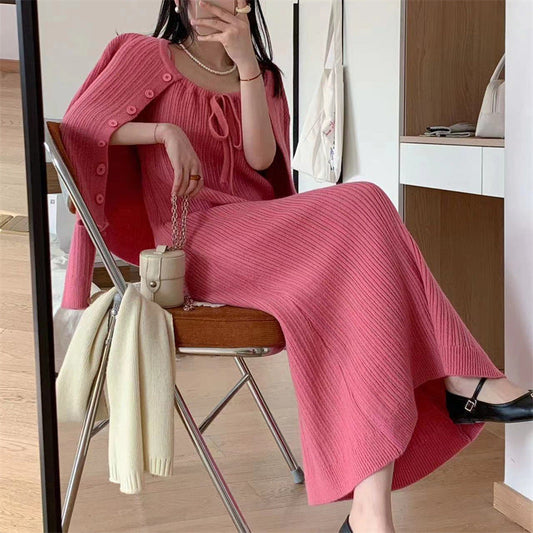 maoxiangshop-shop comfy school outfits Autumn and Winter Wear Two-Piece Women's Korean-Style Elegant Bottoming Knitted Dress + Lazy Sweater Coat Lace-up Top