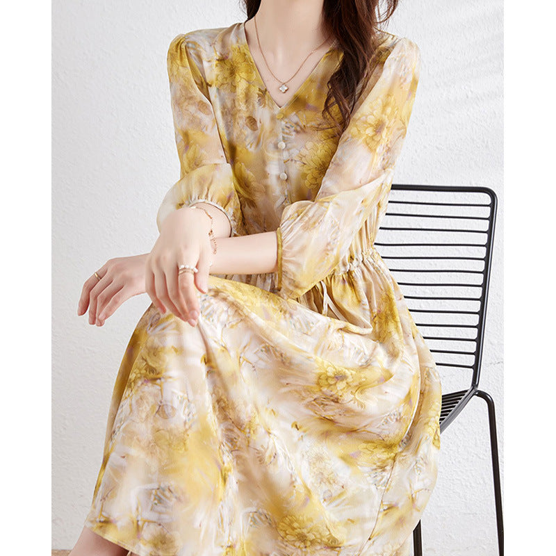 2025 Silk dress mulberry silk high-end coffee break  floral skirt summer women's printing waist medium and long