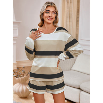 MAOXIANGSHOP 2025Real spot New Popularan beautiful women's long-sleeved striped top shorts casual suit loose pajamas large size women's clothing