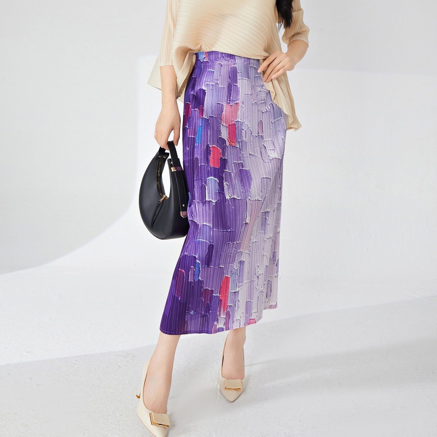 High sense of gradual change pleated skirt temperament elegant high waist hip wrap medium and long design sense after split step skirt