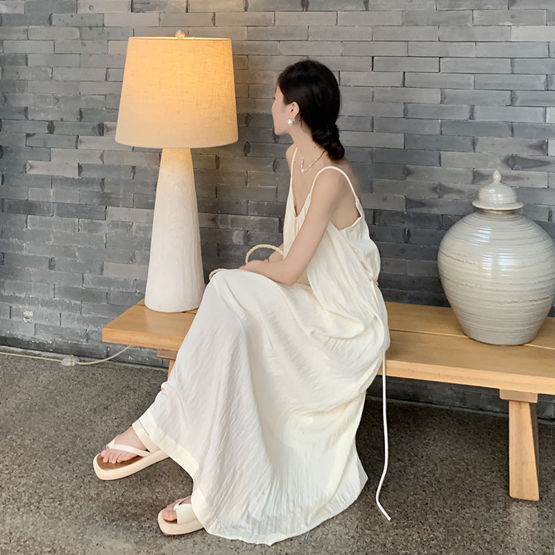 2025 Seaside vacation beach long skirt  temperament niche design sense sexy backless thin suspender dress women