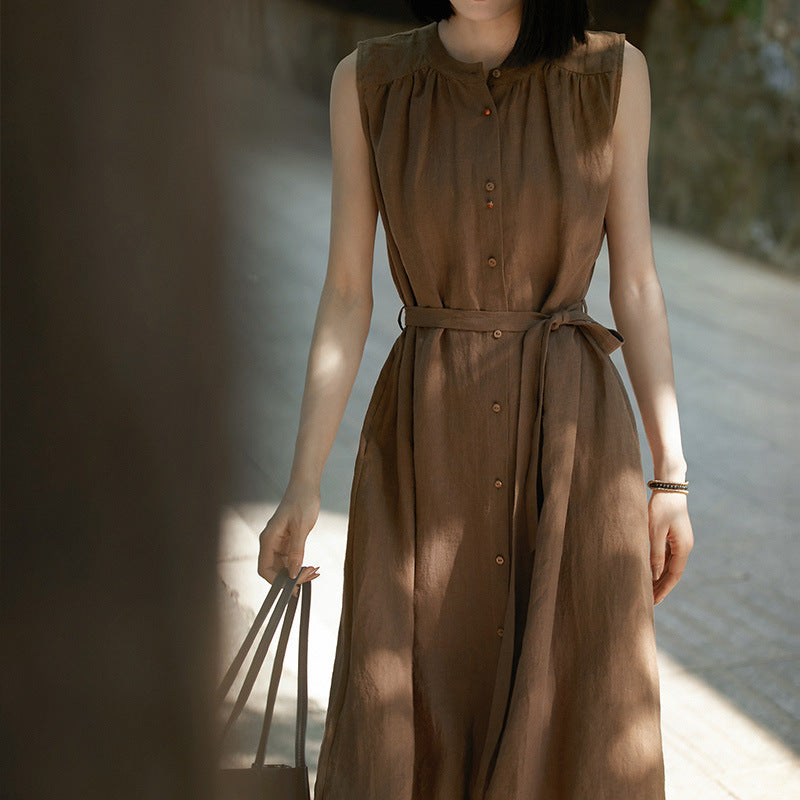 2025 Slack linen dress, waist thin vest skirt sleeveless, high-end cotton and linen women's clothing summer new models