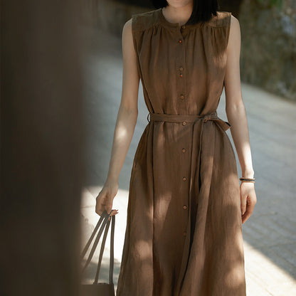 2025 Slack linen dress, waist thin vest skirt sleeveless, high-end cotton and linen women's clothing summer new models