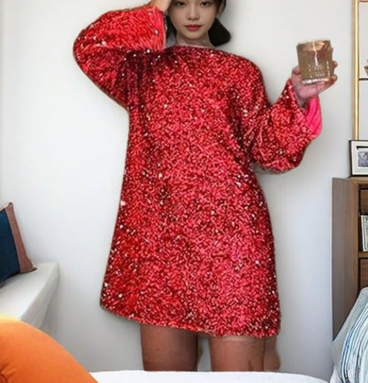 MAOXIANGSHOP 2025 Spring and Autumn Cross-border  Women's Clothing Crew Neck 2025 Long Sleeve Loose Large Size Sexy Sequin Short Dress