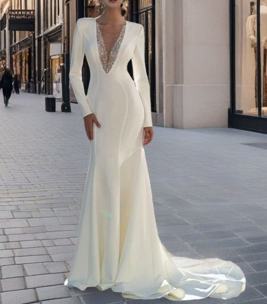 MAOXIANGSHOP 2025 Cross-border Spring Atmospheric Toast Wedding Host White Dress Annual Meeting Banquet Fishtail Long Sleeve Dress