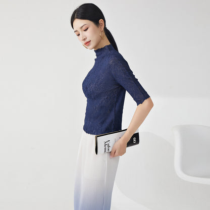 2025 Nanyou high-end women's clothing female slim temperament semi-turtleneck five-quarter sleeve versatile bottoming shirt  T-shirt top