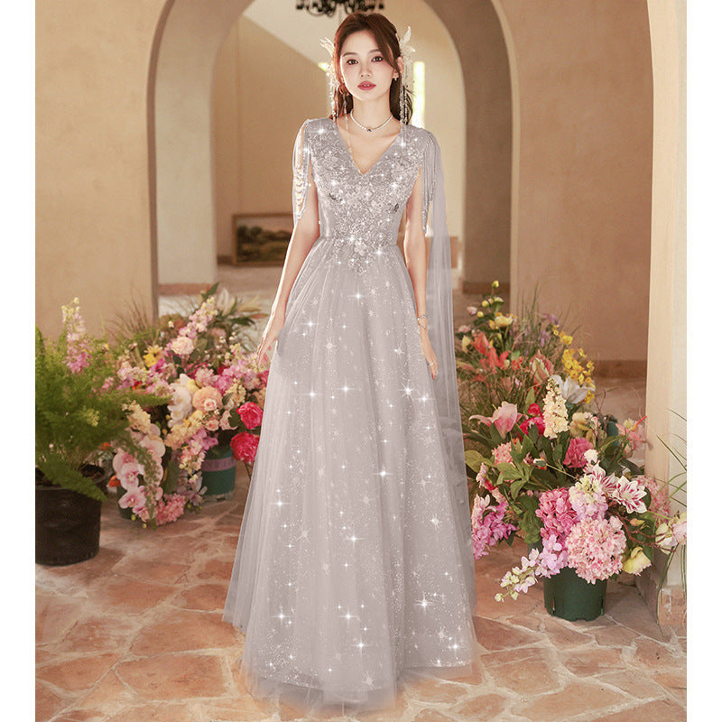 Banquet evening dress skirt 2025 spring new gray streamer New Zheng art examination red song chorus performance suit