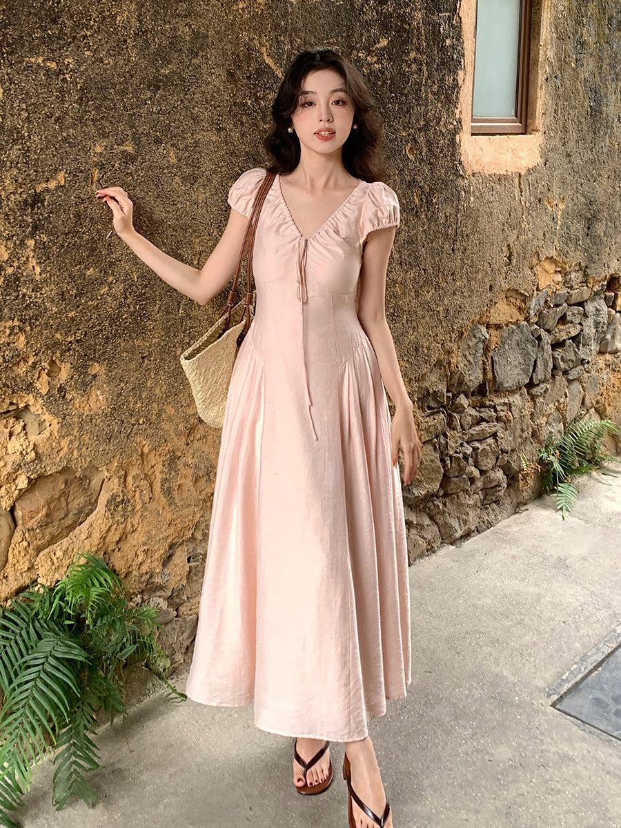 2025 Thirteen Lines  Summer New Temperament Pure Desire High Waist Lace-up Short Sleeve Dress Children 88258