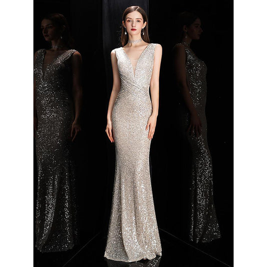 Champagne banquet evening dress long dress 2025 new temperament socialite fishtail sexy long sequined hosting dress