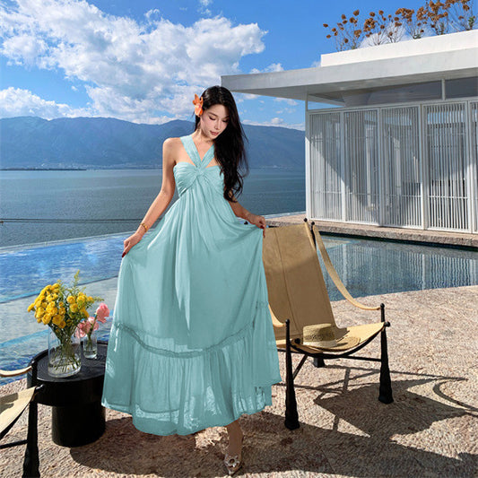 2025 temperament beautiful neck sling dress fairy summer high atmosphere seaside vacation beach dress
