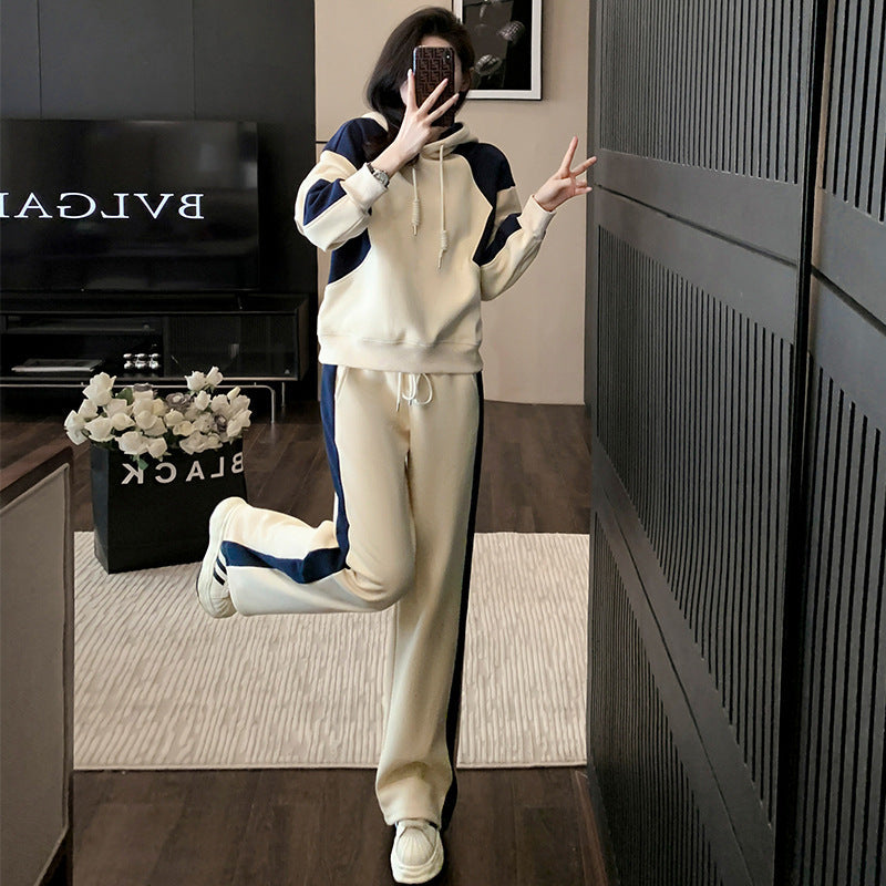 maoxiangshop business casual outfits High-End Casual Sports Suit Women's Autumn Fashionable Western Style Color Matching Hooded Sweater High Waist Straight Pants Two-Piece Set