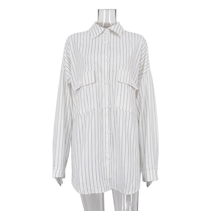 maoxiangshop 2000s fashion New Autumn Lapel Long Sleeve Striped Shirt Coat Fashionable Loose Casual Shirt for Women