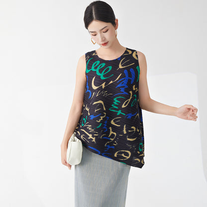 2025 sleeveless t-shirt women's counter quality printing loose large size irregular fashion women's clothing commuter versatile top