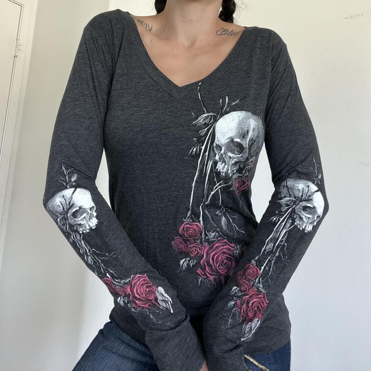 maoxiangshop outfit inspo 2024 Autumn and Winter New Women's Top Personalized Skull Flower Print V-neck Sexy Bottoming Shirt T-shirt