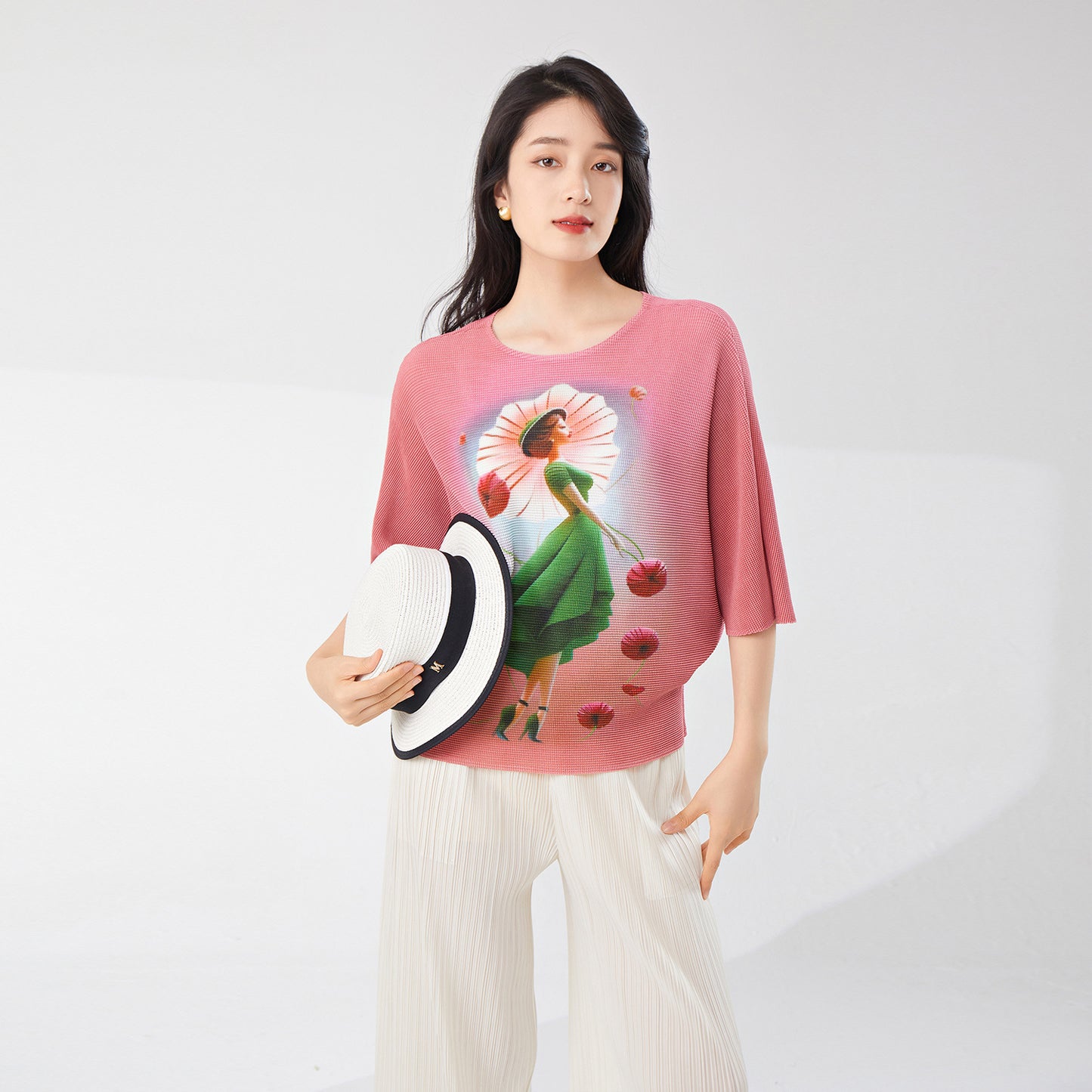 2025 Large size women's summer women's top bat sleeve loose fashion versatile jumper meat cover thin  T-shirt