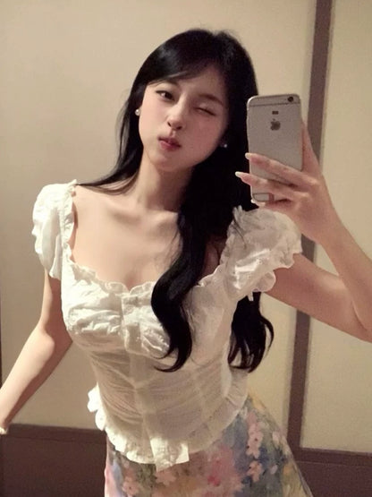 Pure desire white one-word shoulder bubble short-sleeved t-shirt women's summer slim and thin Spice Girl unique chic shirt top