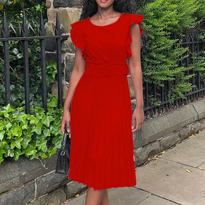 2025 D270 with belt 2022 summer independent station Popular trade lotus leaf sleeve round neck waist pleated New 2025 dress