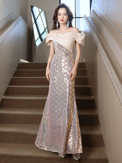 Evening dress new high-end sense light luxury niche high-end hostess fishtail sequined dress one-word shoulder