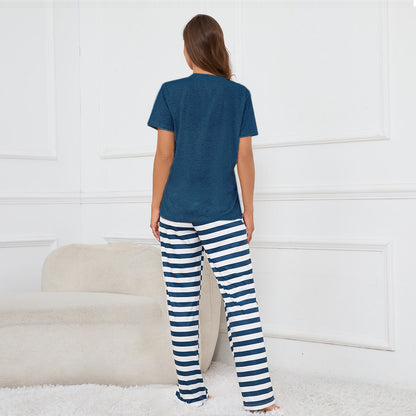 MAOXIANGSHOP 2025Real spot 2025 new crew neck short-sleeved top striped printed tether trousers loungewear pajamas set women
