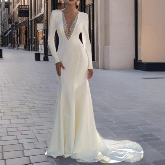 MAOXIANGSHOP 2025 Cross-border Spring Atmospheric Toast Wedding Host White Dress Annual Meeting Banquet Fishtail Long Sleeve Dress