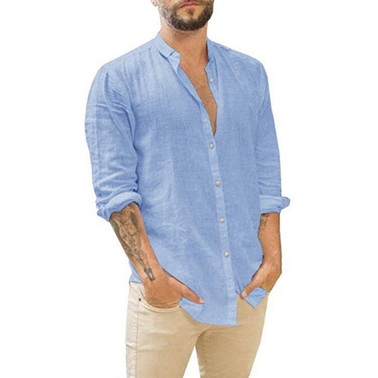 maoxiangshop Cotton Linen Hot Sale Men's Long-Sleeved Shirts Summer Solid Color  Stand-Up Collar Casual Beach Style Plus Size
