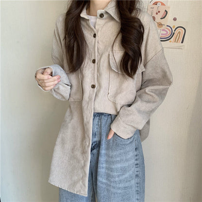 maoxiangshop-shop fall outfits aesthetic Early Spring Loose Mid-Length Shirt Retro Hong Kong Style Long Sleeve Corduroy Coat Women's Clothing Design Sense Niche Shirt