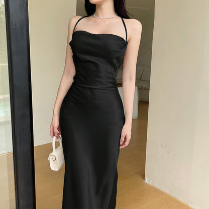 maoxiangshop-shop prom dresses Diagonal Cut Crystal Satin Backless Sling Dress Strap Sexy Slim Dress