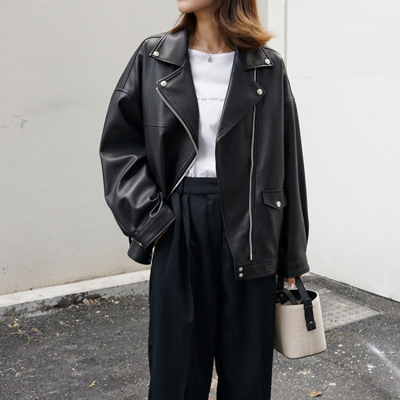 maoxiangshop fall outfits women Korean Style Casual Loose Black Motorcycle PU Leather Coat Women's Spring and Autumn Versatile Slimming plus Size Leather Jacket