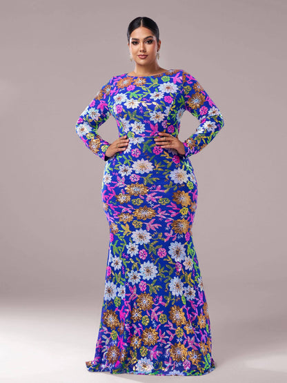 2025 Popular trade Popular,  and the United States fat mm large size women's clothing long-sleeved round neck banquet sexy sequined evening dress dress