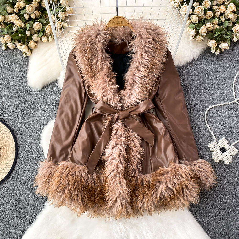 maoxiangshop-shop fall trends 2024 outfits Fur Integrated Retro Motorcycle Jacket Women's Autumn and Winter Loose Mid-Length Lace-up Thickened Fur Collar Jacket Top