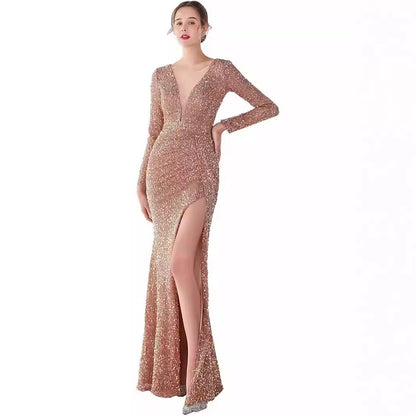 MAOXIANGSHOP popular New solid color chest wrap sequined high waist temperament commuting sweet long dress waist long dress split dress