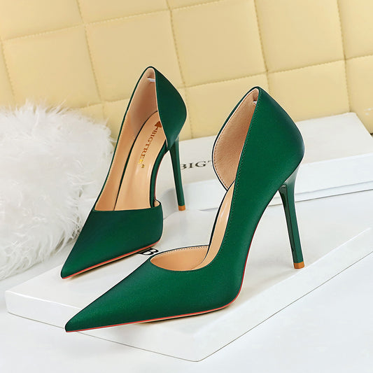 626-1 Korean version fashionable and simple pedicure, thin heel, super high heel, shallow mouth, pointed side hollow single shoes, women's high heel