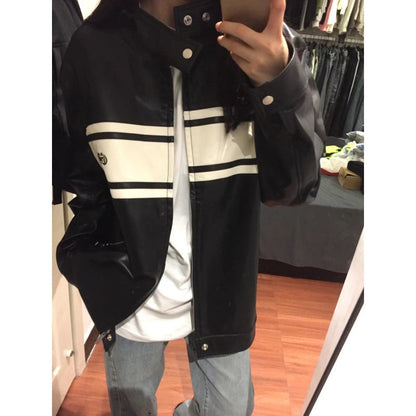 maoxiangshop going out outfits PU Leather New Slim Stand Collar Retro Contrast Color Stitching Zipper Autumn Coat Men's and Women's Motorcycle Jacket Top