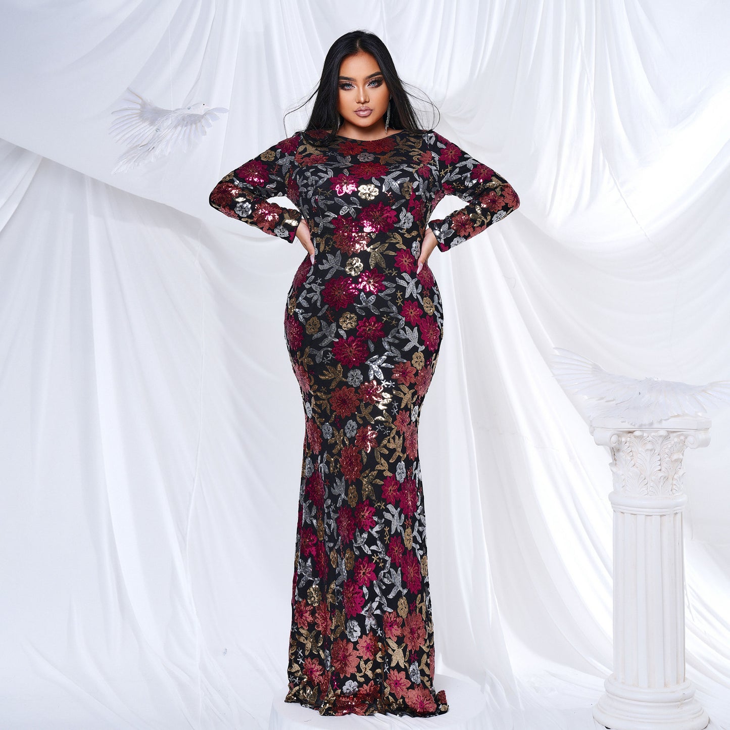 2025 Popular trade Popular,  and the United States fat mm large size women's clothing long-sleeved round neck banquet sexy sequined evening dress dress