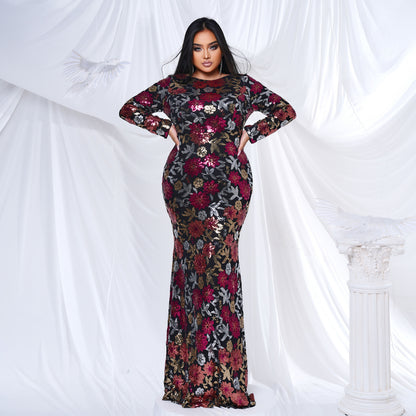 2025 Popular trade Popular,  and the United States fat mm large size women's clothing long-sleeved round neck banquet sexy sequined evening dress dress